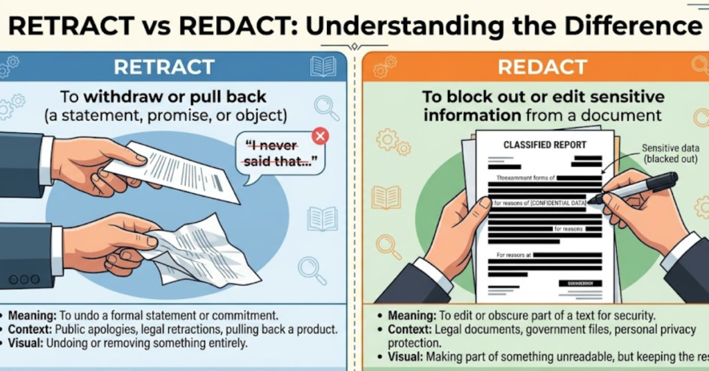 Retract vs Redact: Meaning, Differences, and Usage